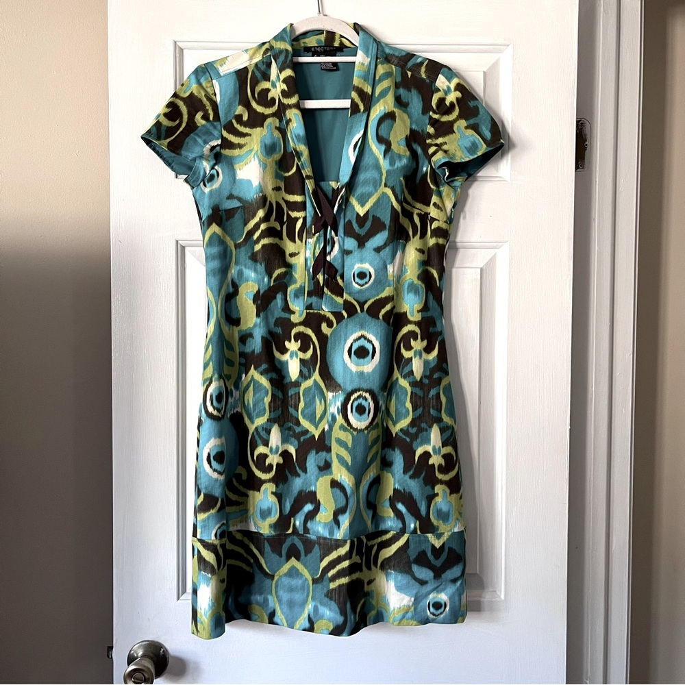 Etcetera Blue Green Brown White Pattern Short Sleeve Dress with pockets Size 4